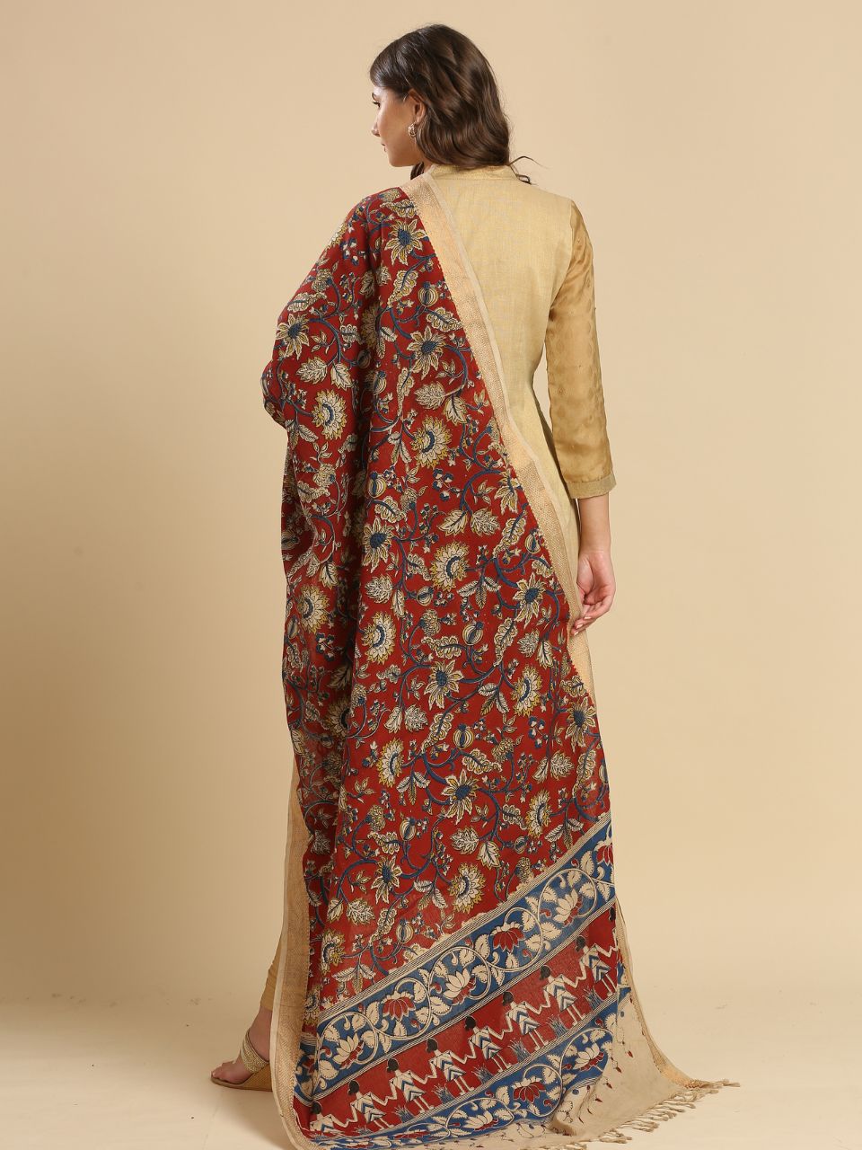 Kalamkari Mangalgiri Maroon & Beige Cotton Dupatta