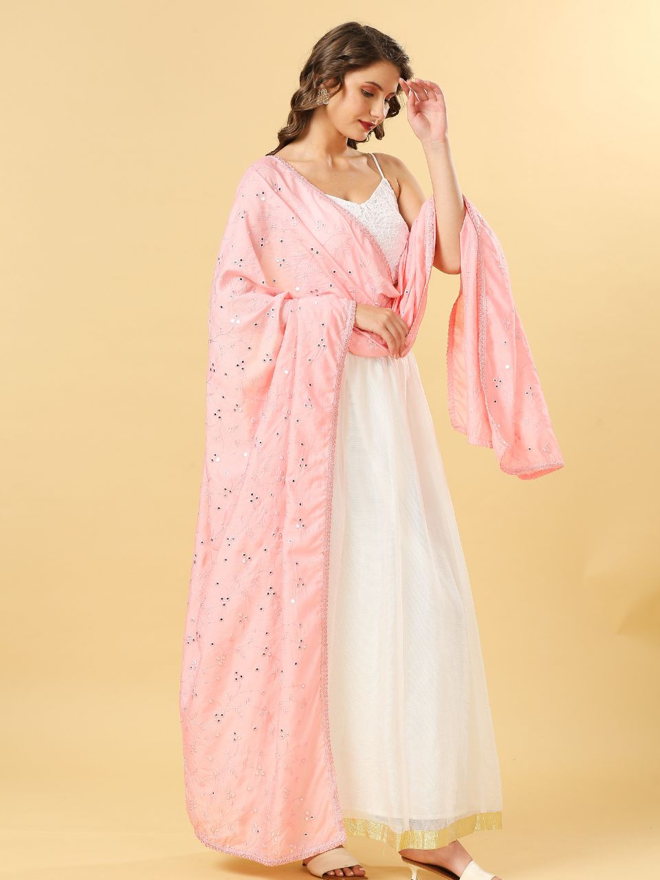 Chanderi Cotton Embroidered Dupatta with Mirror Work.