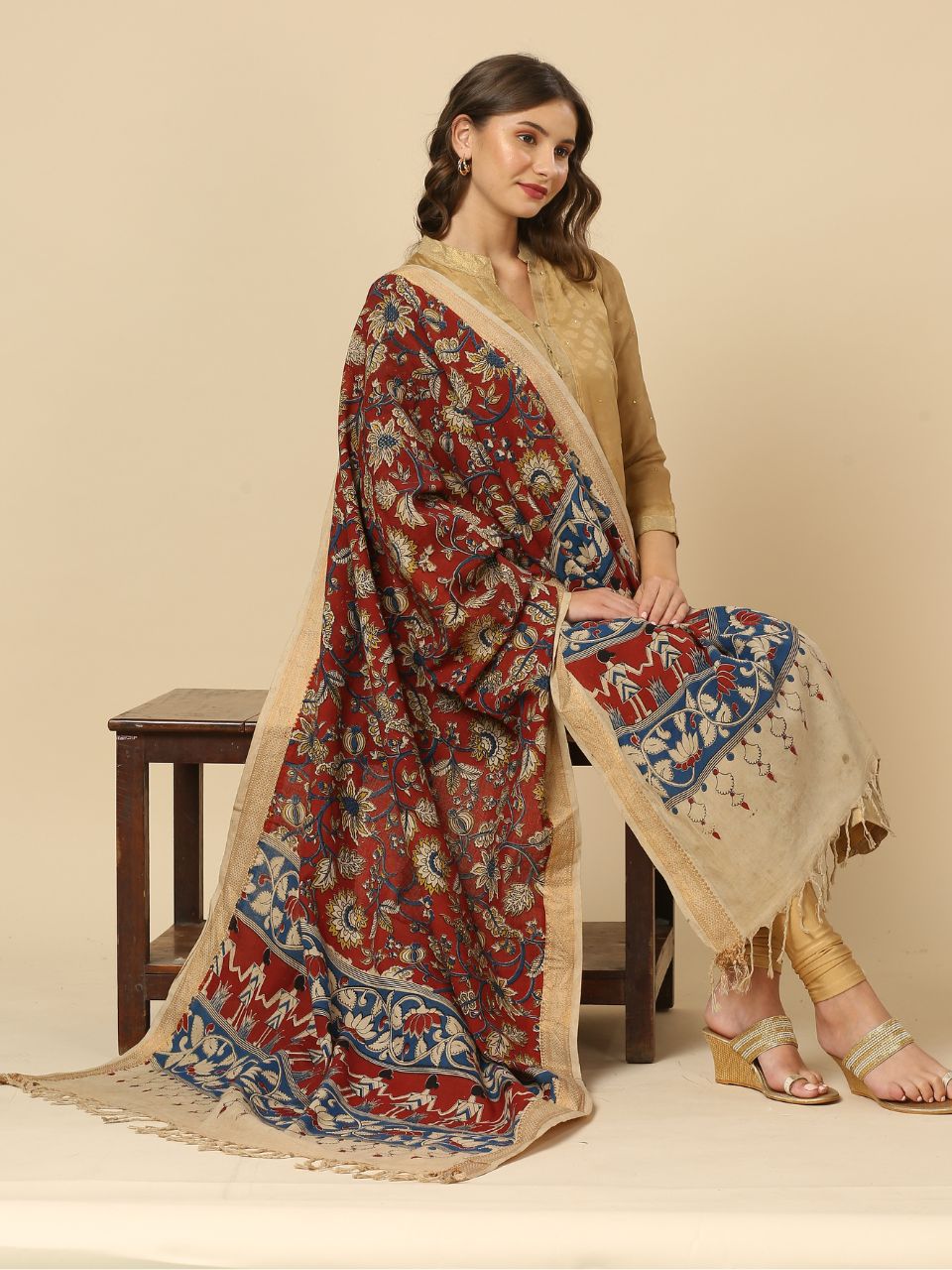 Kalamkari Mangalgiri Maroon & Beige Cotton Dupatta