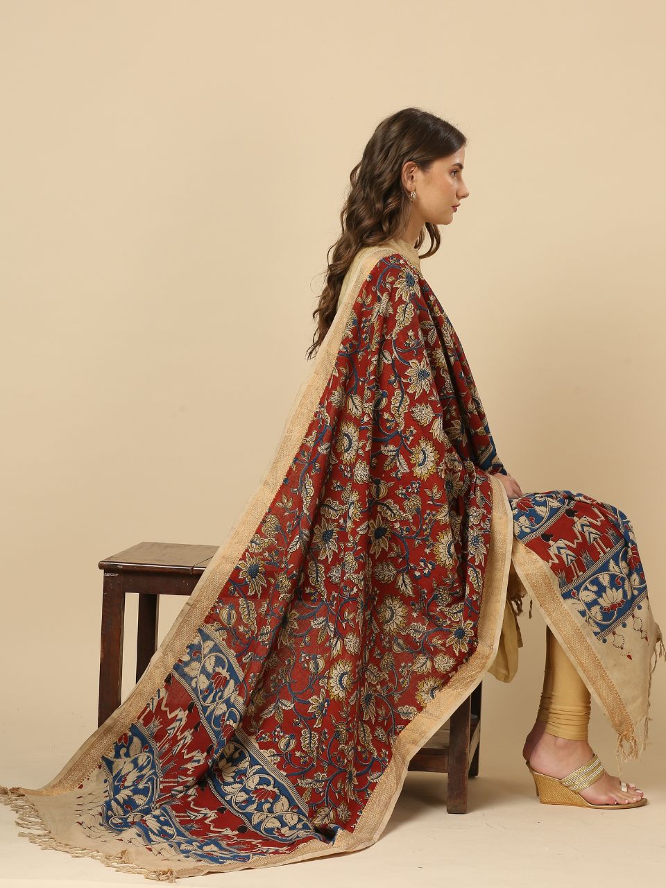 Kalamkari Mangalgiri Maroon & Beige Cotton Dupatta