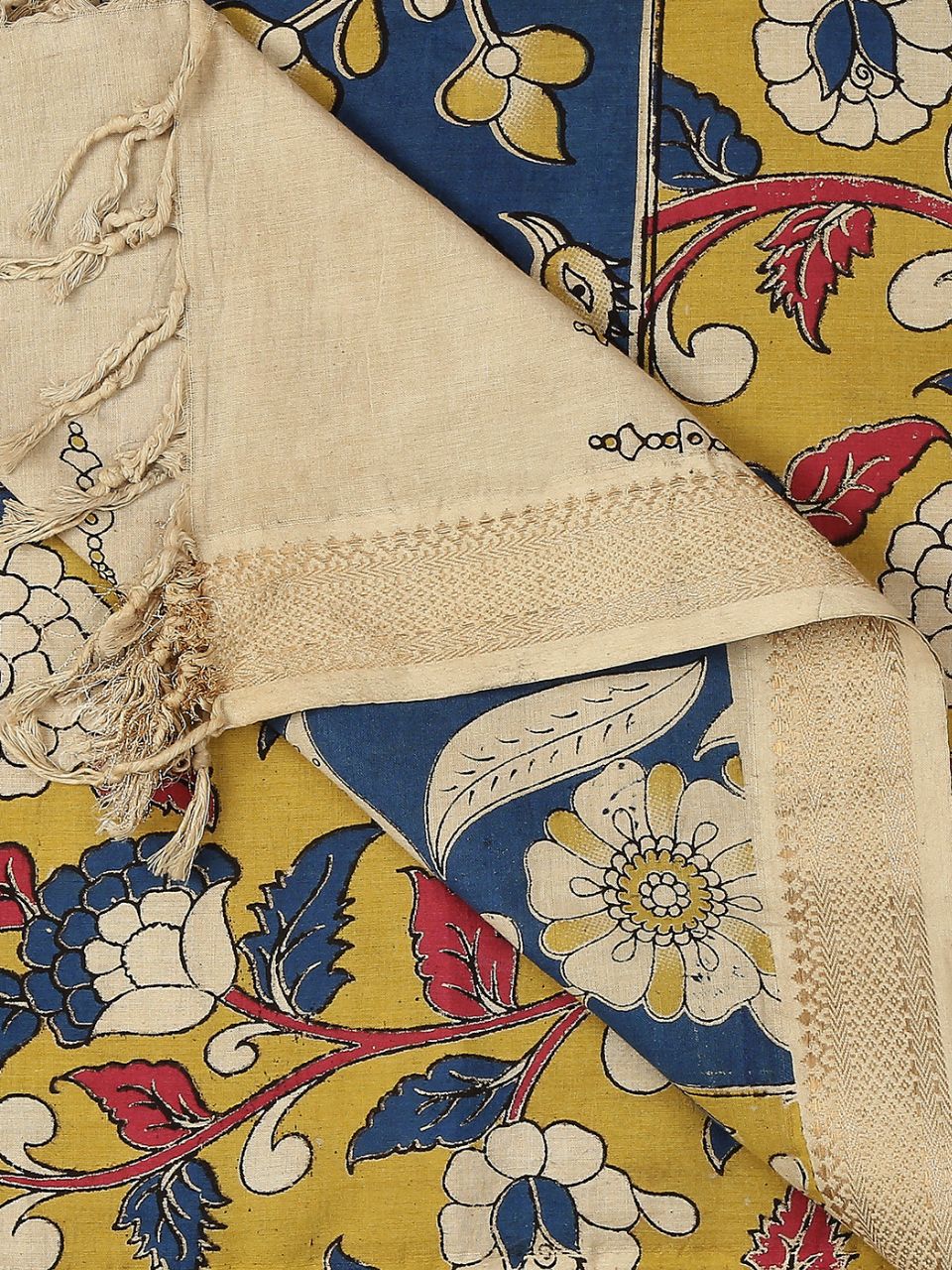 Kalamkari Mangalgiri Beige & Mustard Cotton Dupatta