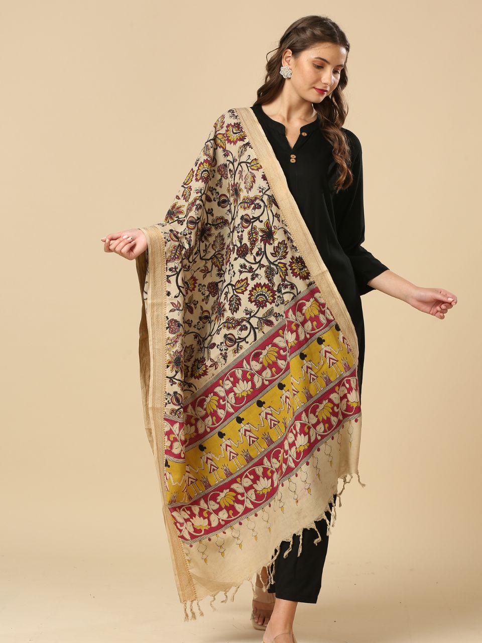 Kalamkari Mangalgiri Beige Cotton Dupatta