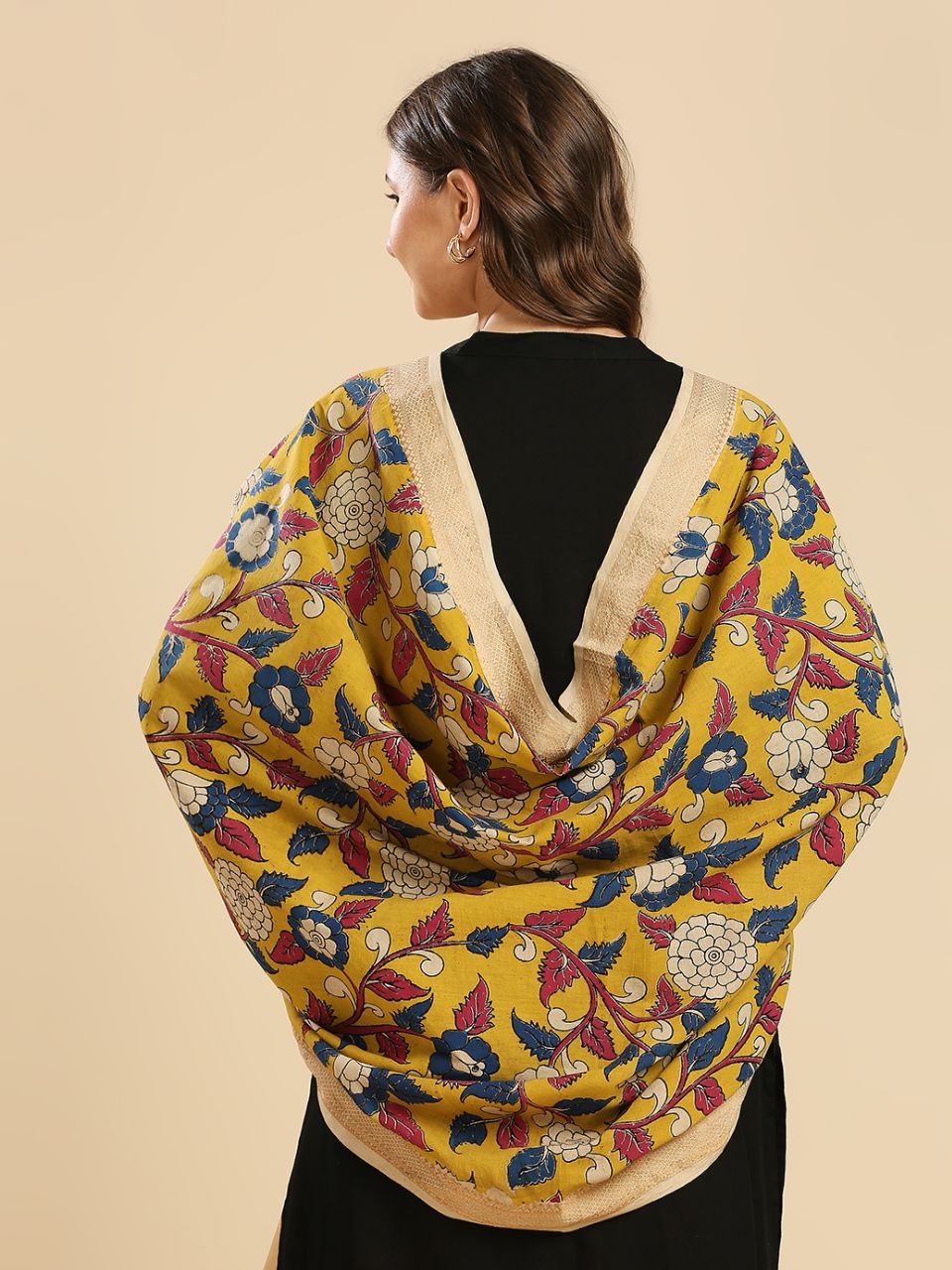 Kalamkari Mangalgiri Beige & Mustard Cotton Dupatta