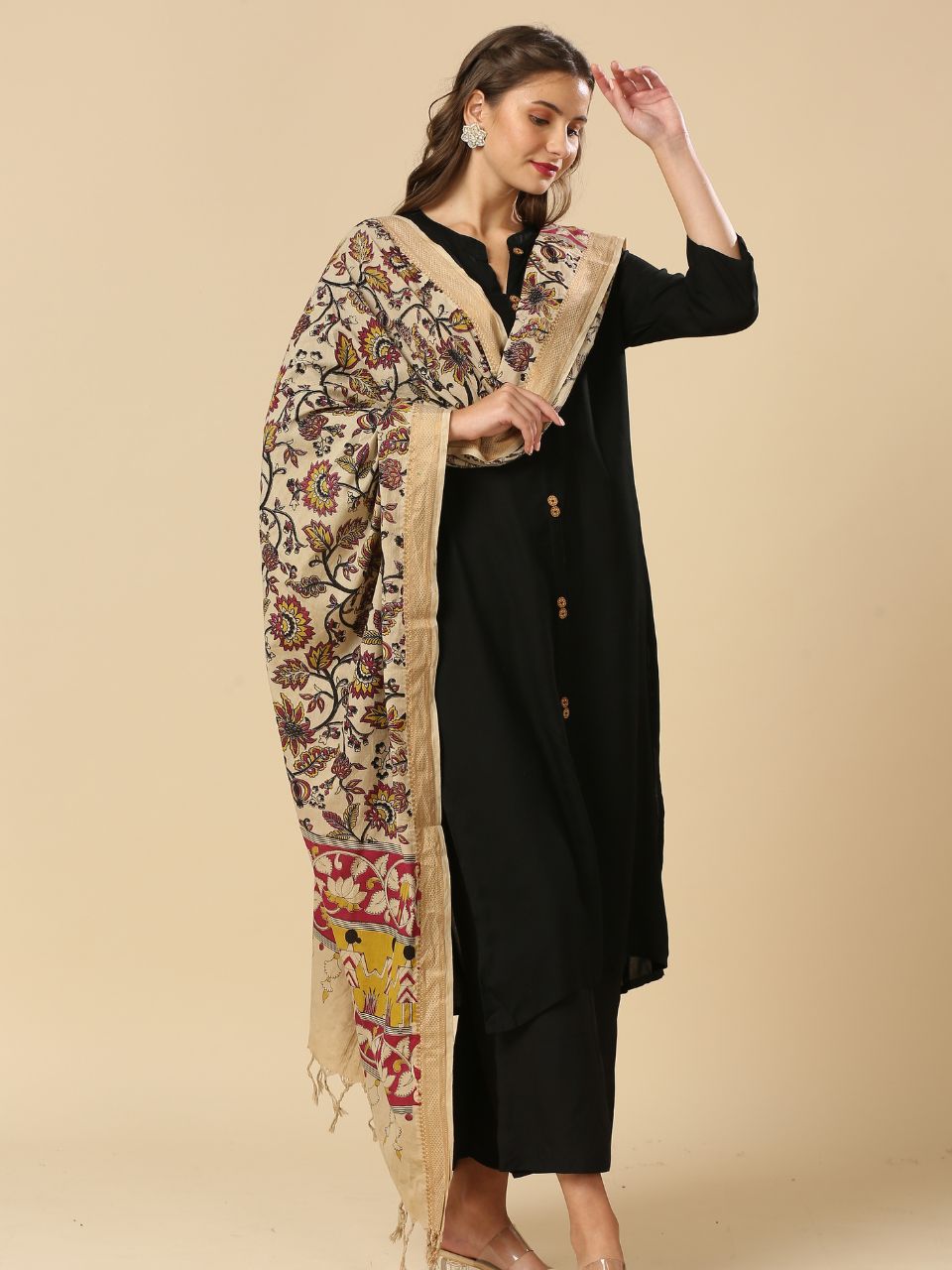 Kalamkari Mangalgiri Beige Cotton Dupatta