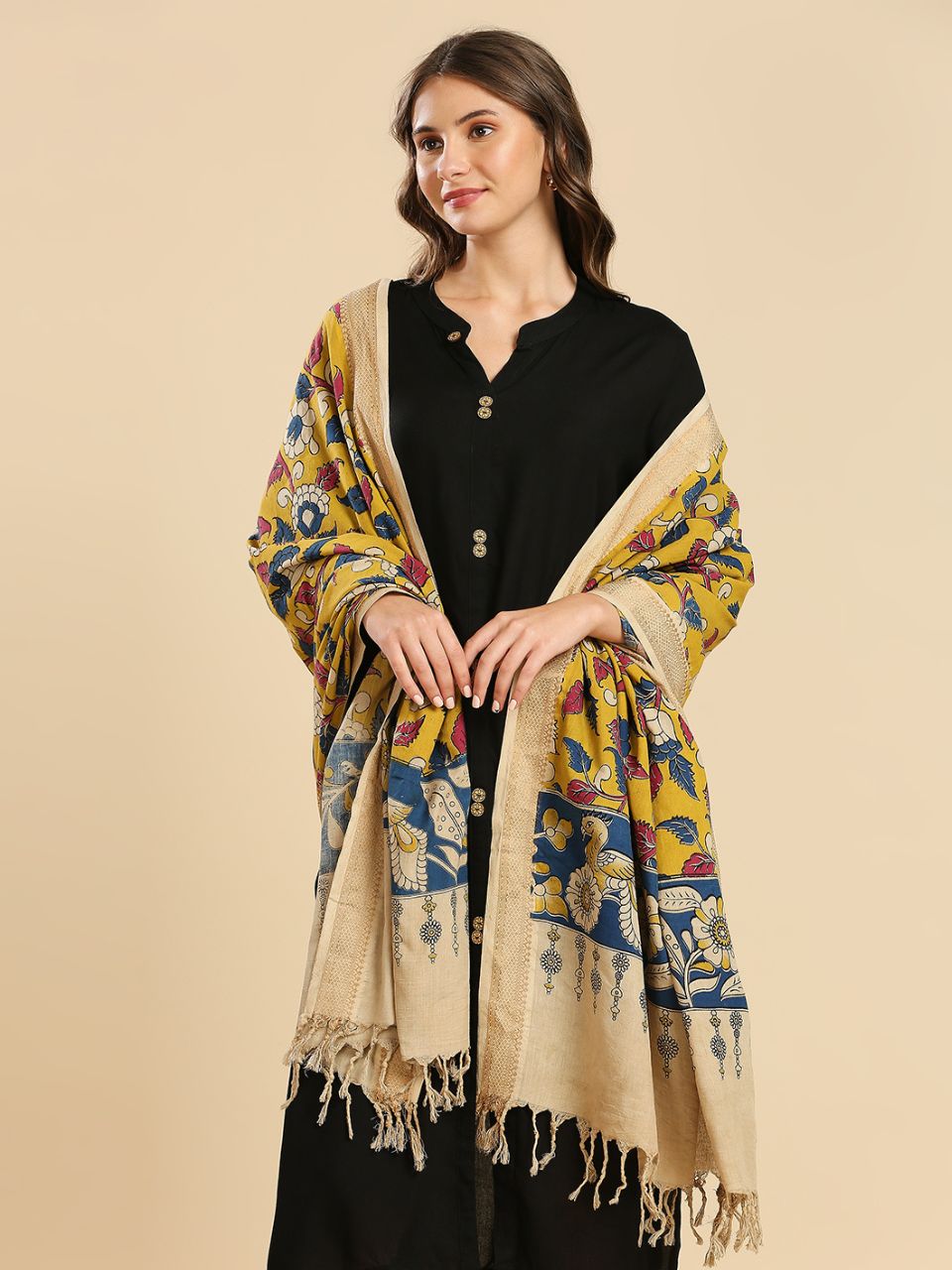 Kalamkari Mangalgiri Beige & Mustard Cotton Dupatta