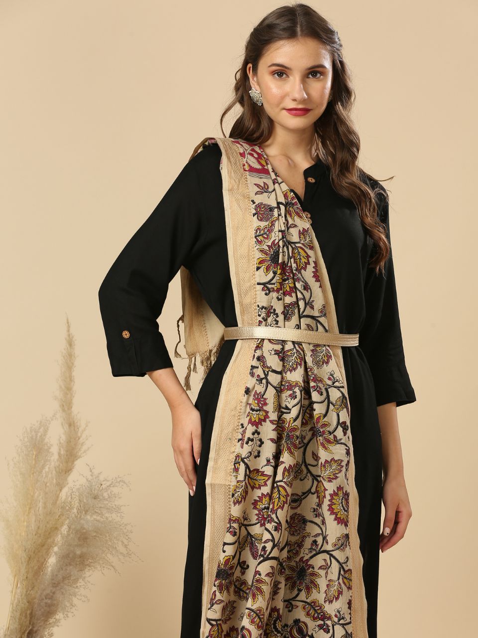 Kalamkari Mangalgiri Beige Cotton Dupatta