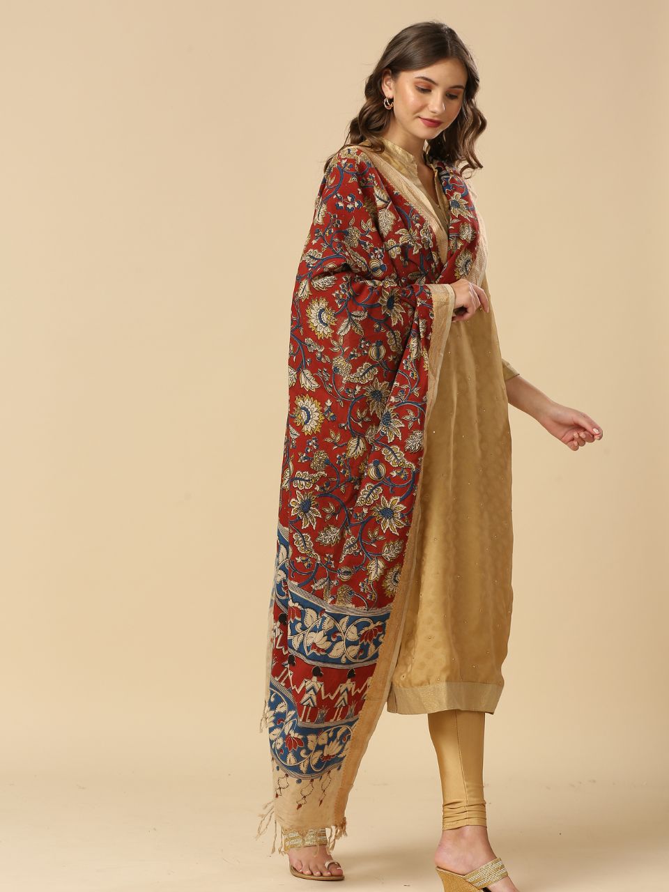 Kalamkari Mangalgiri Maroon & Beige Cotton Dupatta