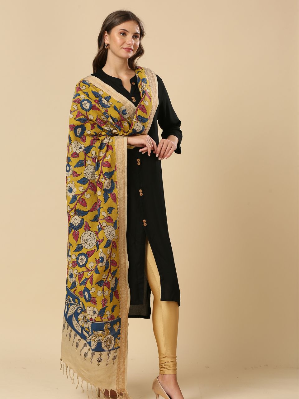 Kalamkari Mangalgiri Beige & Mustard Cotton Dupatta