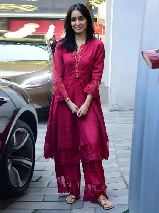 Pink Embroidered Cotton Dobby Anarkali Kurta with Palazzo Set of 2