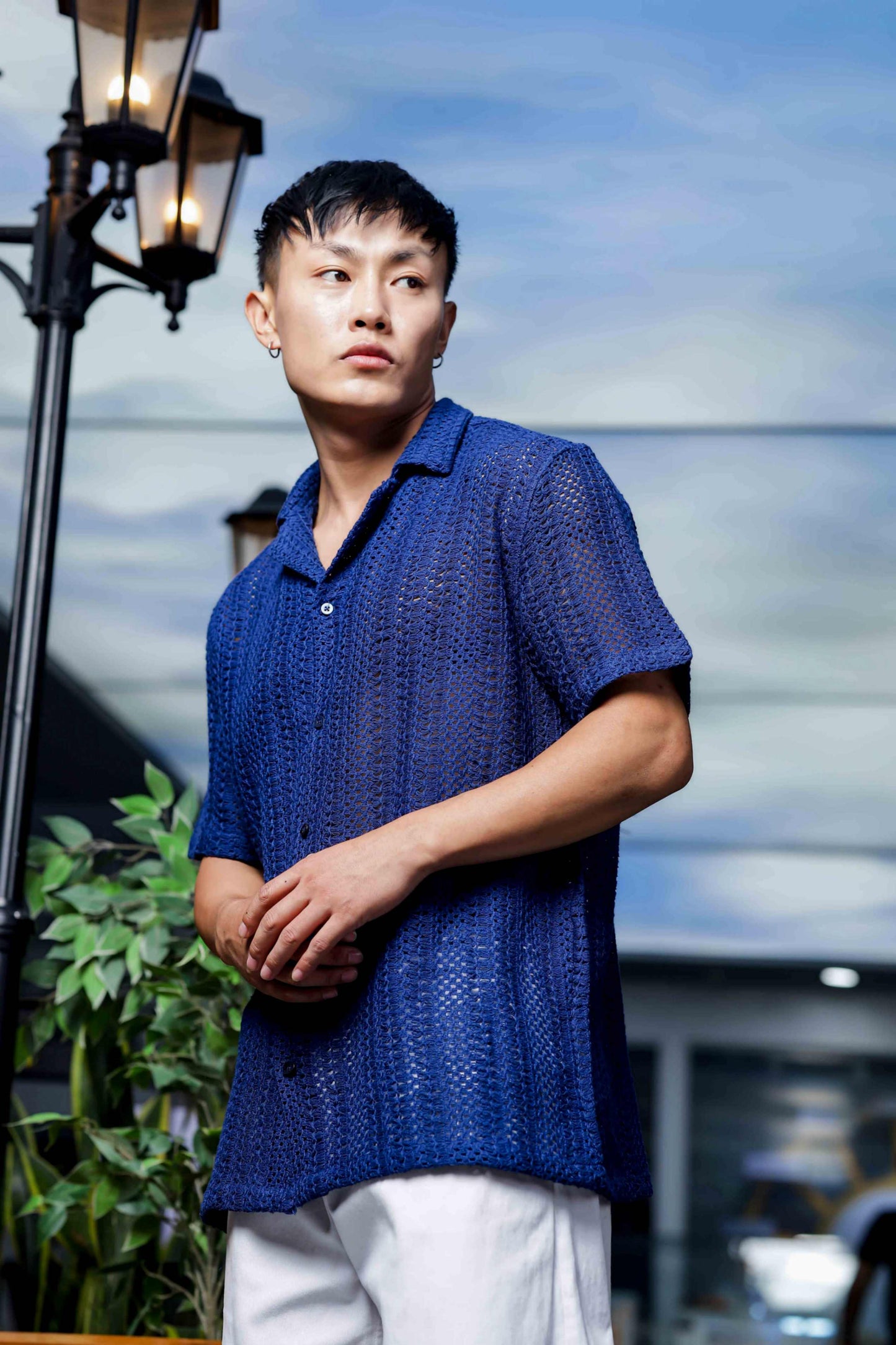 Navy Blue Relaxed Fit Pure Cotton Crochet Resort Shirt