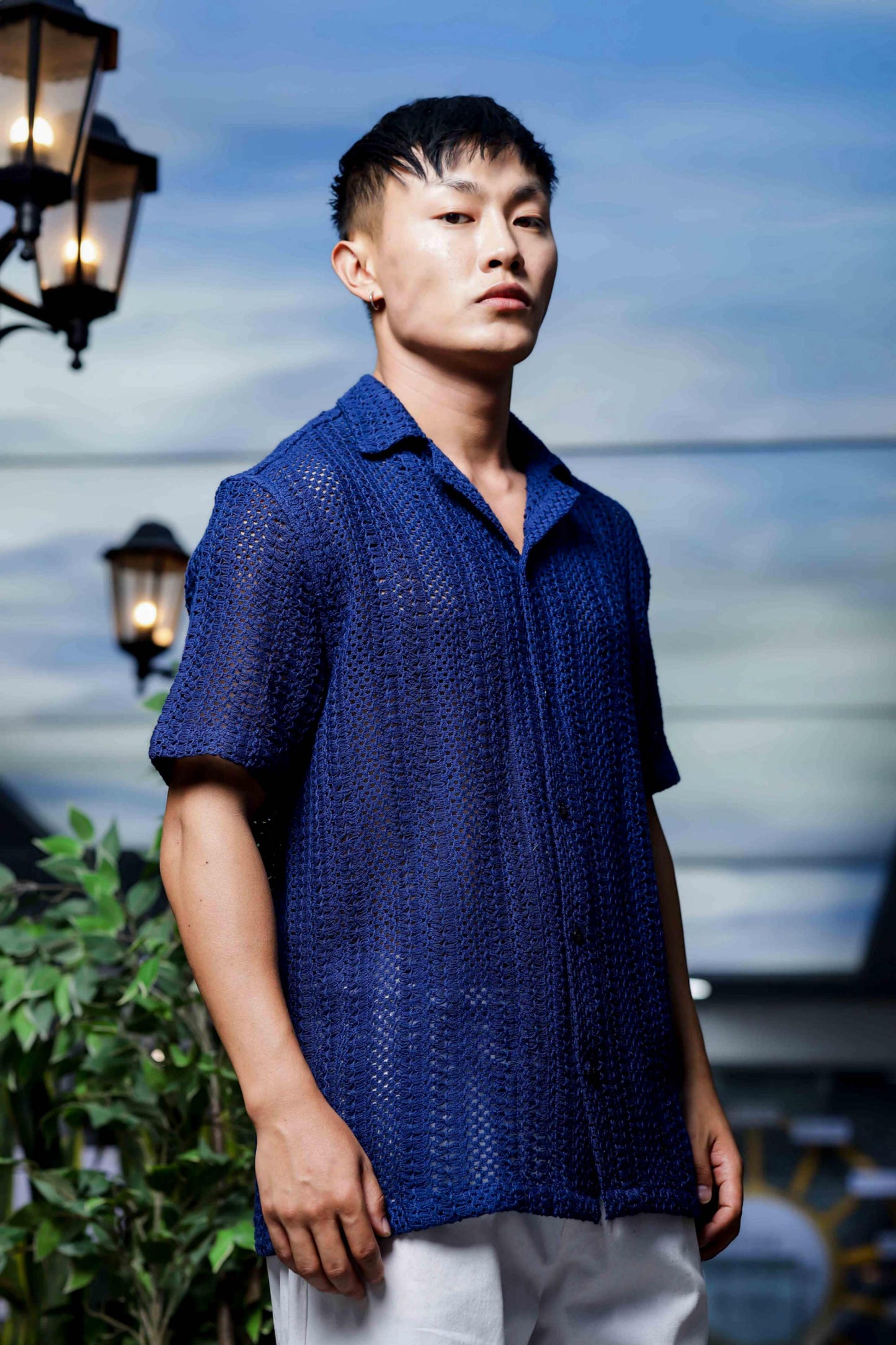 Navy Blue Relaxed Fit Pure Cotton Crochet Resort Shirt