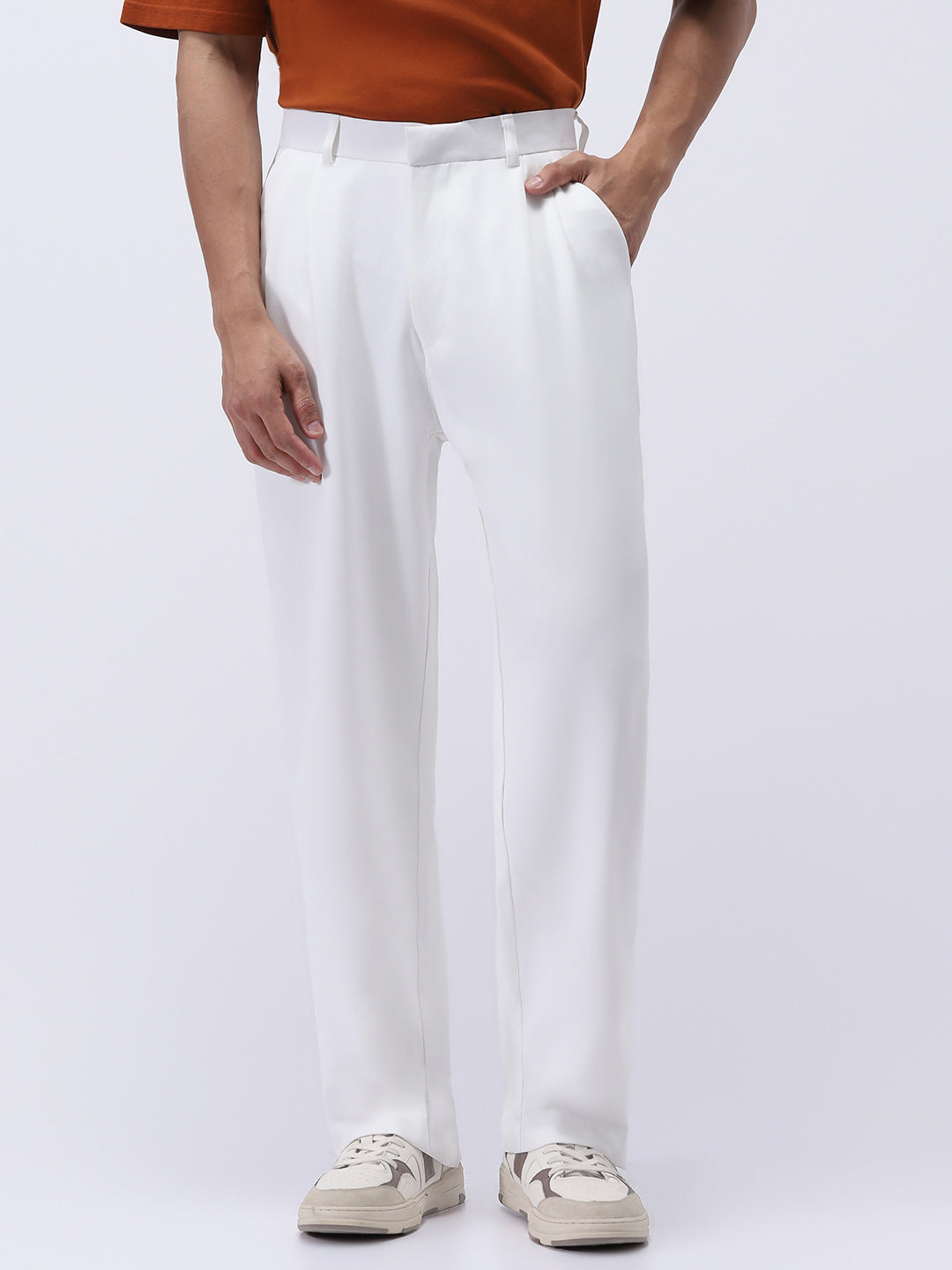 Men's White Loose Baggy Fit Solid Korean Pants Stretchable