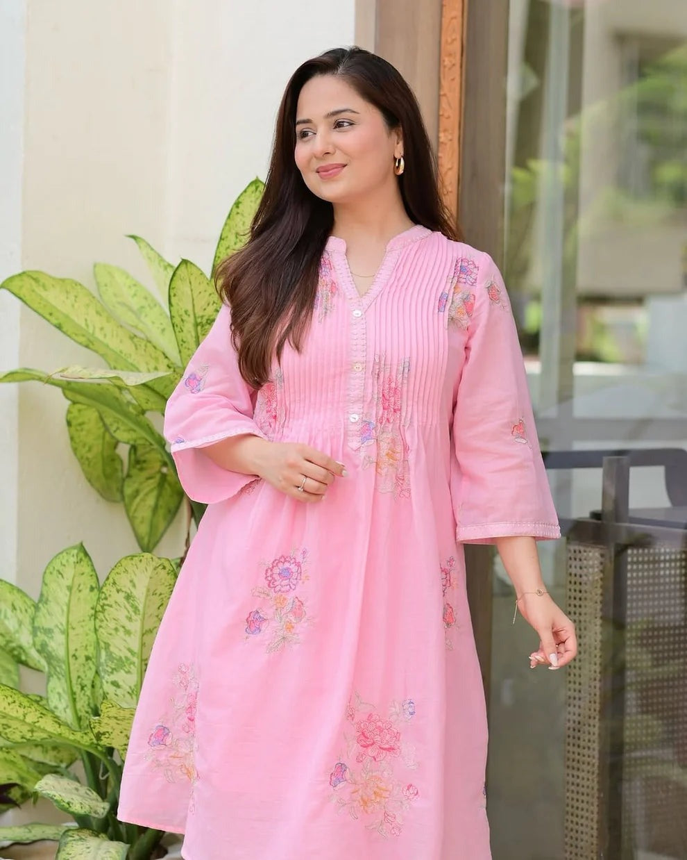 Premium Blush Pink Floral Embroidered A-Line Kurta