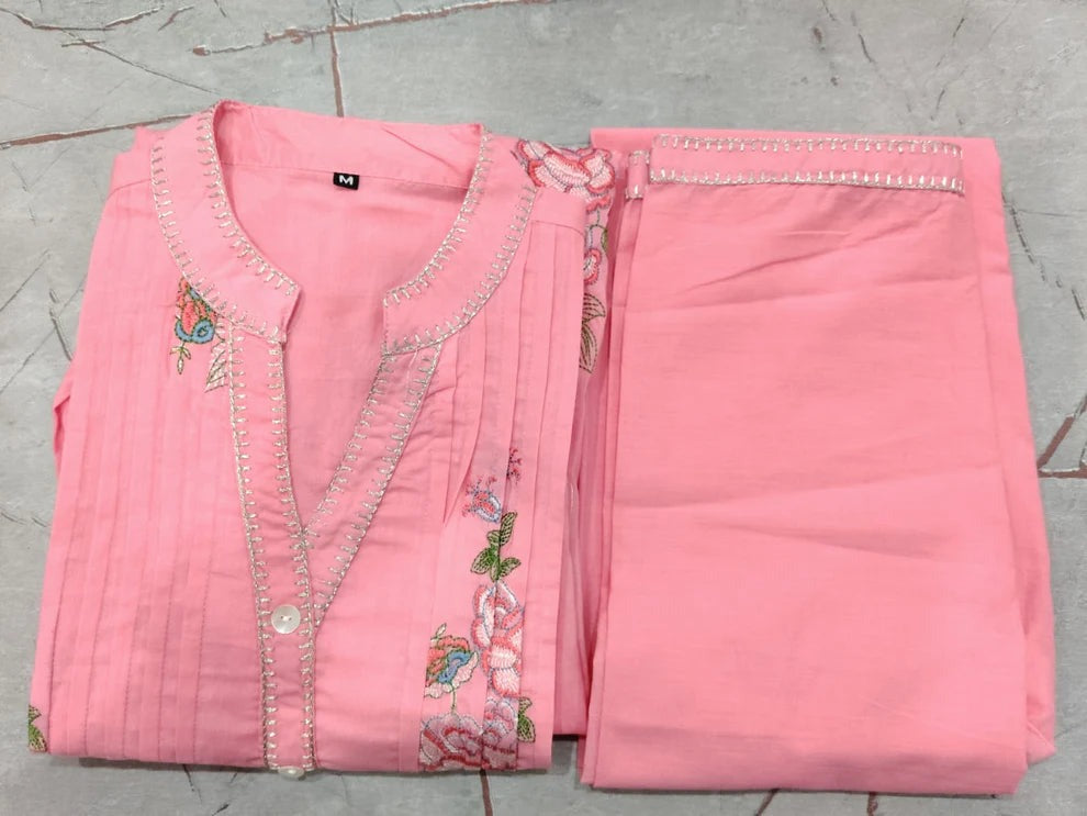 Premium Blush Pink Floral Embroidered A-Line Kurta