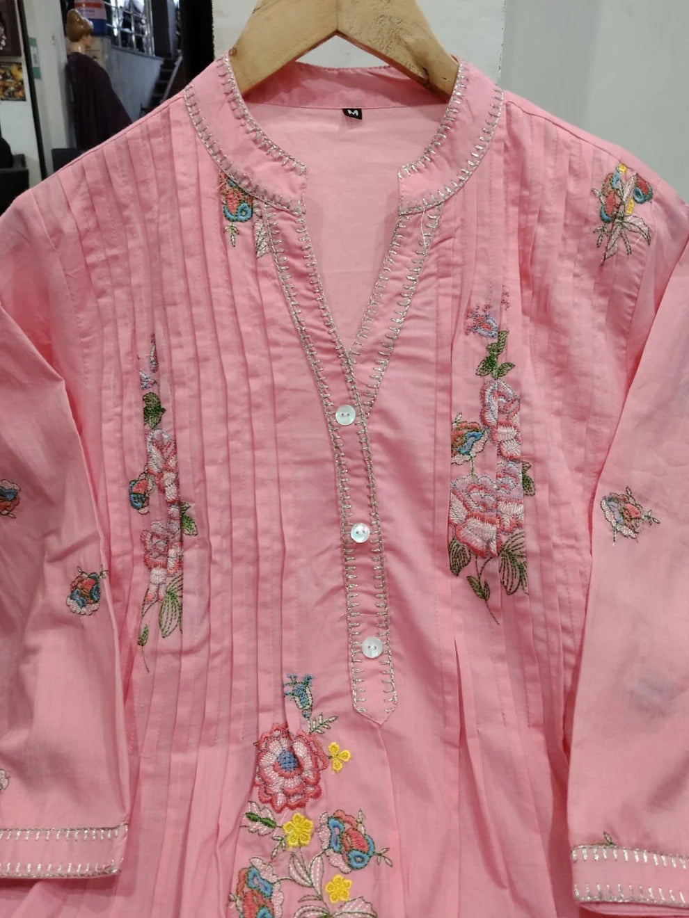 Premium Blush Pink Floral Embroidered A-Line Kurta
