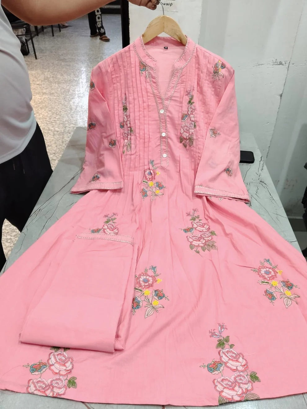 Premium Blush Pink Floral Embroidered A-Line Kurta