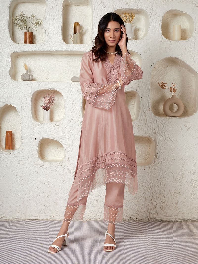 Old Rose Chanderi Asymmetric Kurta with Cotton Pants - Set of 2