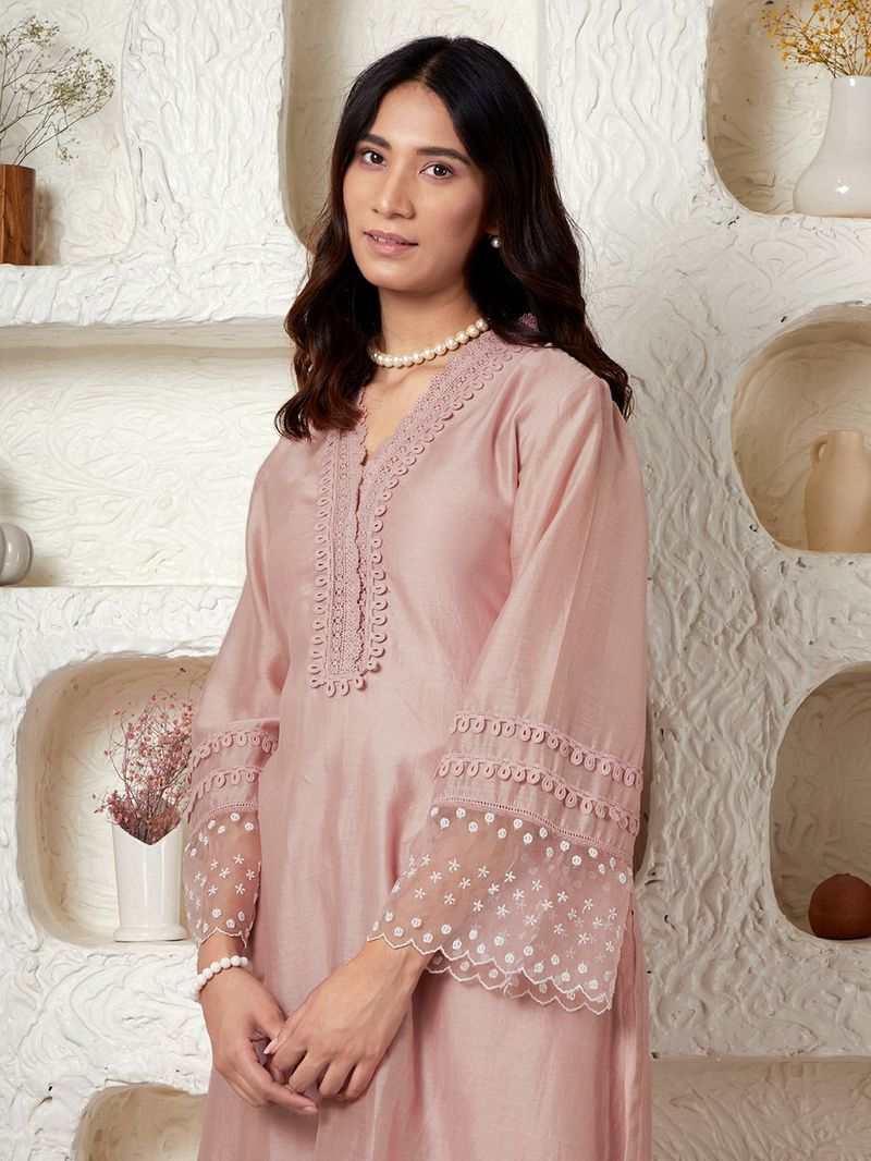 Old Rose Chanderi Asymmetric Kurta with Cotton Pants - Set of 2