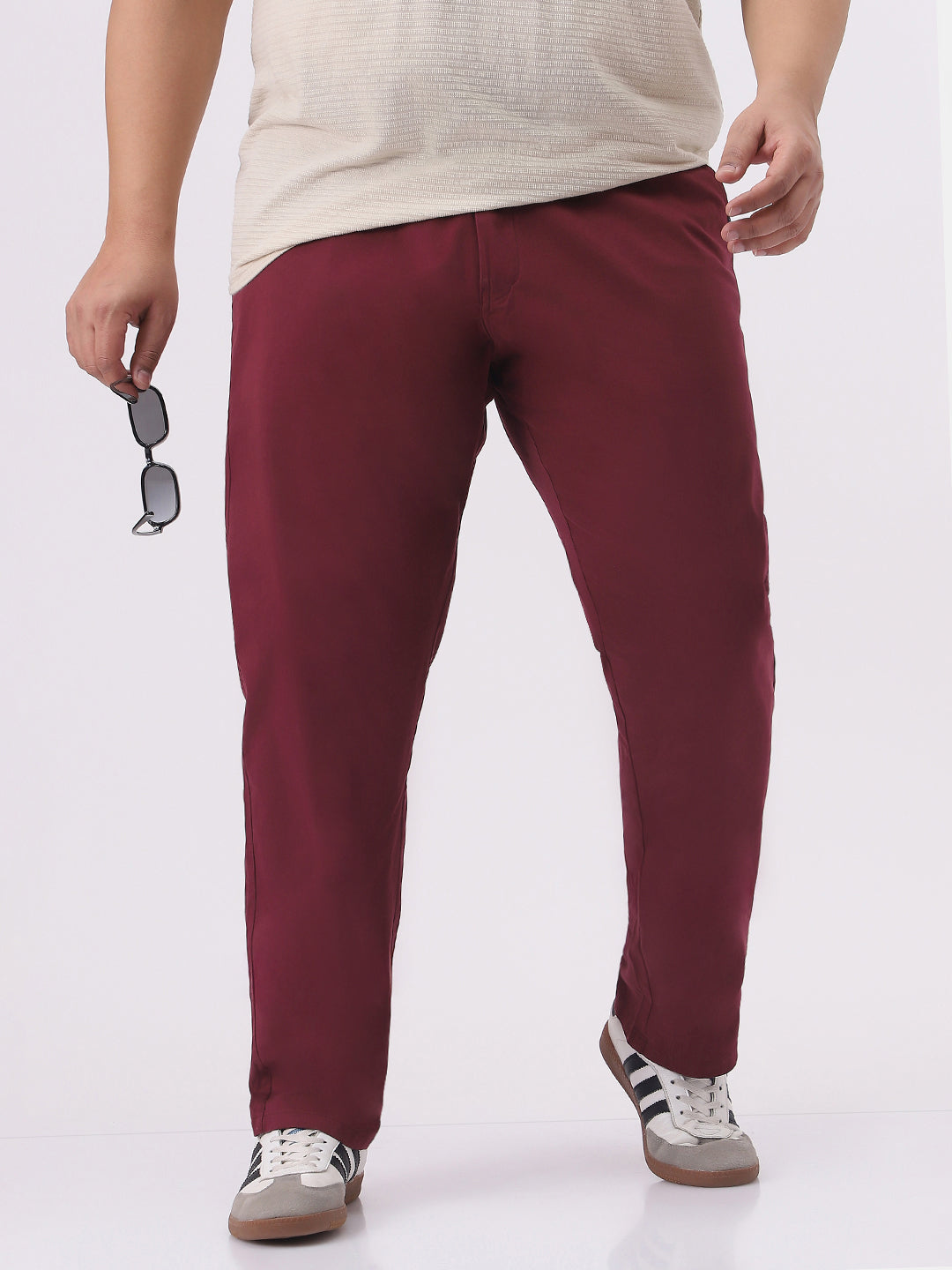 Plus Men's Dark Maroon Cotton Regular Fit Casual Chinos Trousers Stretch