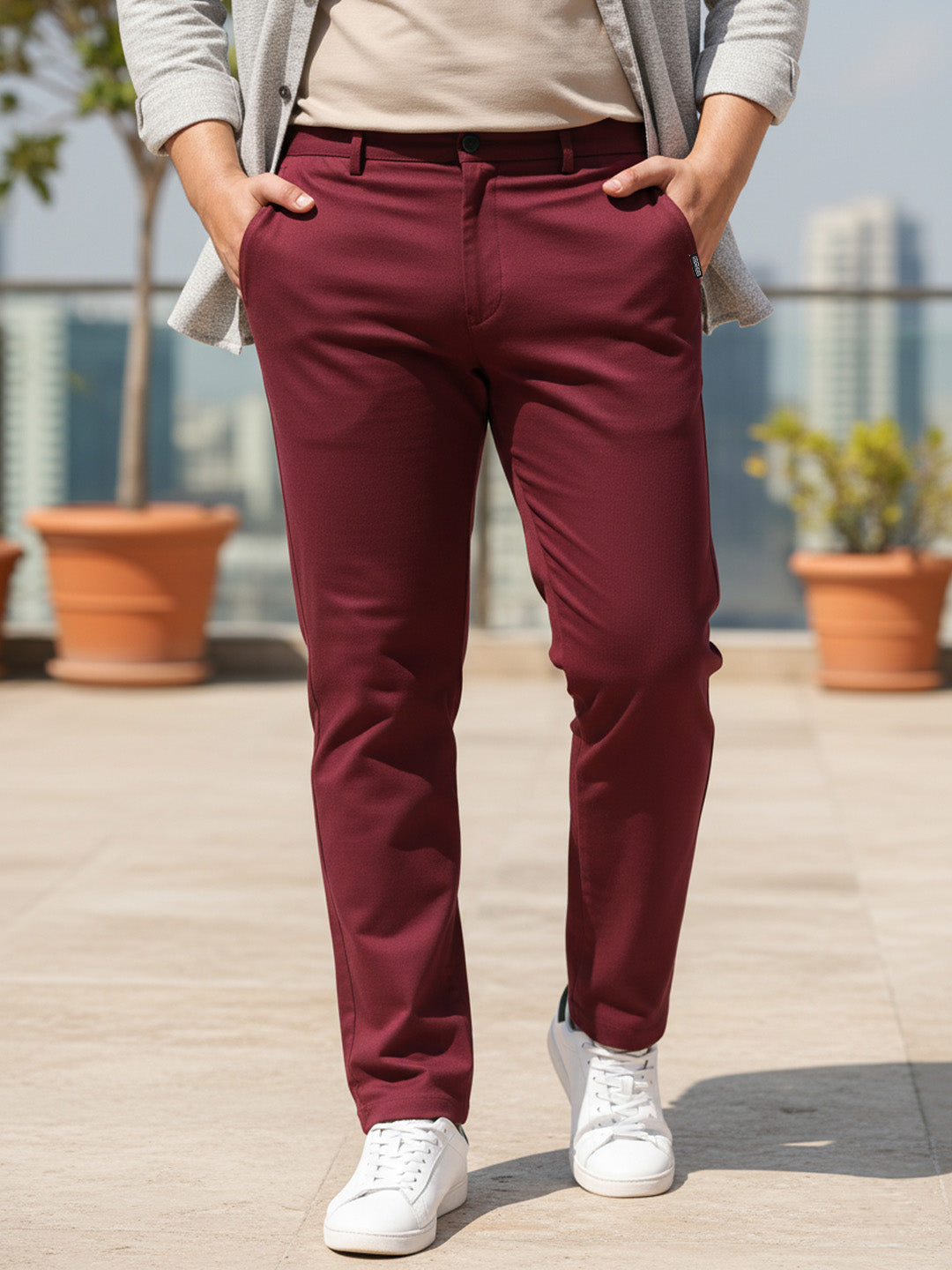 Plus Men's Dark Maroon Cotton Regular Fit Casual Chinos Trousers Stretch