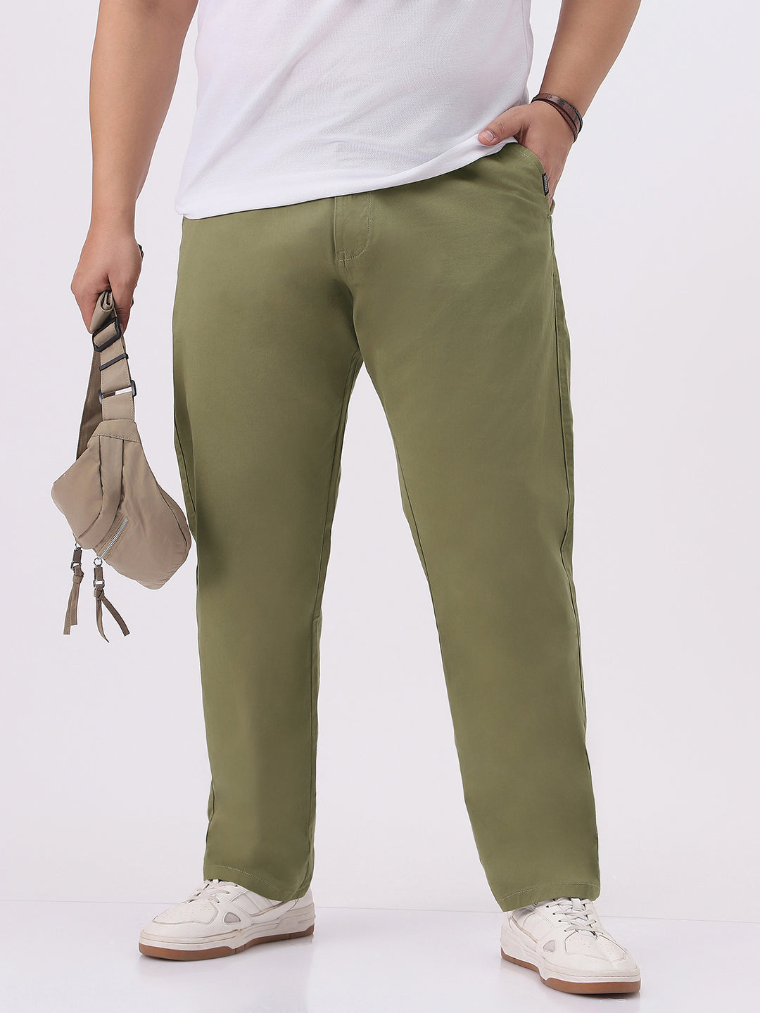 Plus Men's Light Olive Cotton Regular Fit Casual Chinos Trousers Stretch