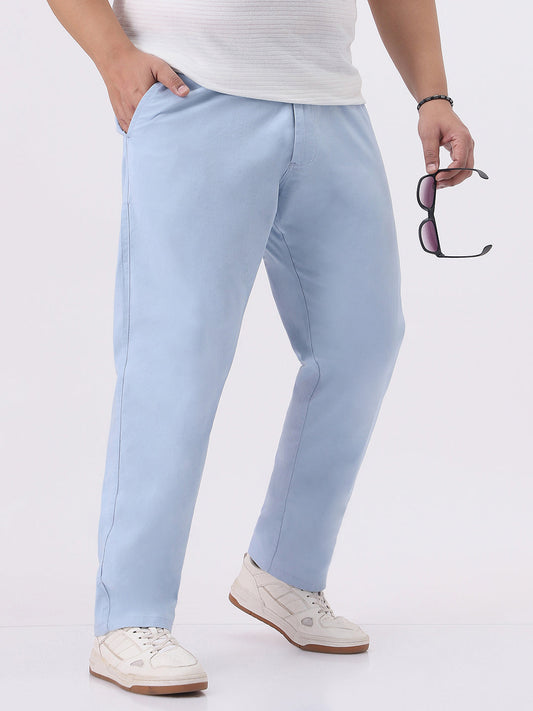 Plus Men's Light Sky Blue Cotton Regular Fit Casual Chinos Trousers Stretch