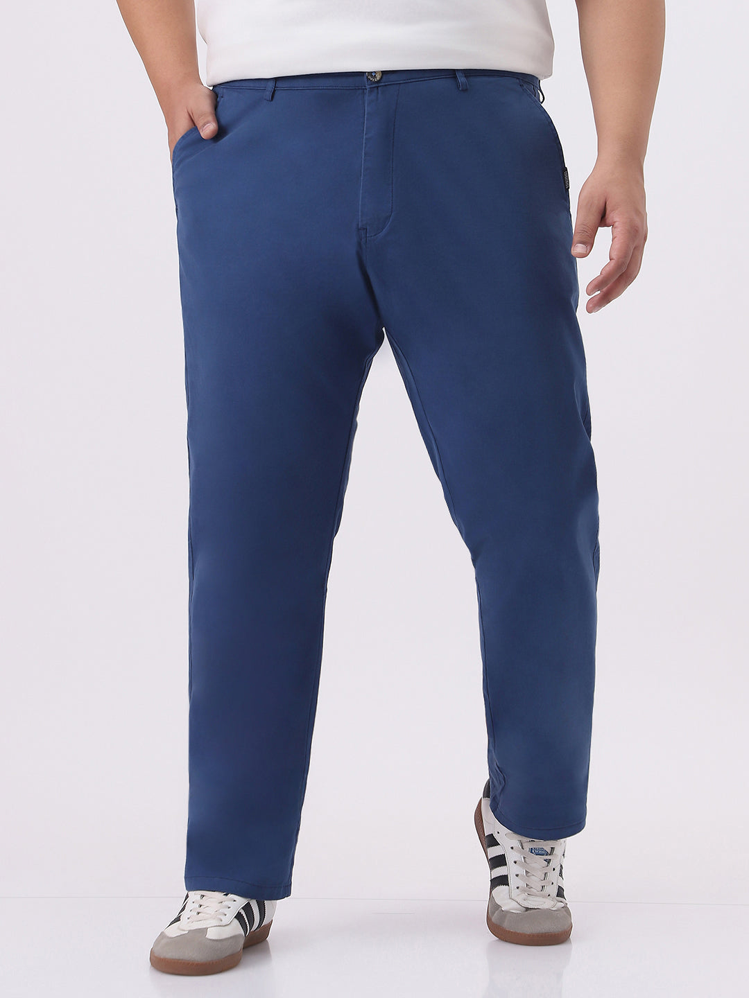 Plus Men's Royal Blue Cotton Regular Fit Casual Chinos Trousers Stretch