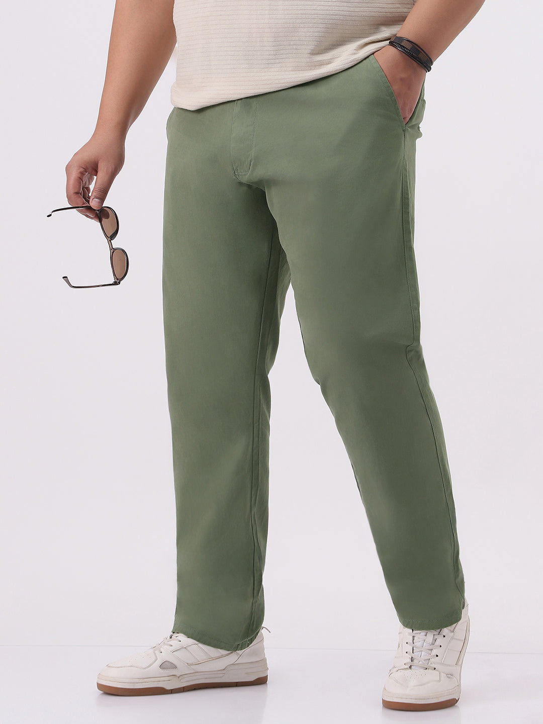 Plus Men's Sage Green Cotton Regular Fit Casual Chinos Trousers Stretch