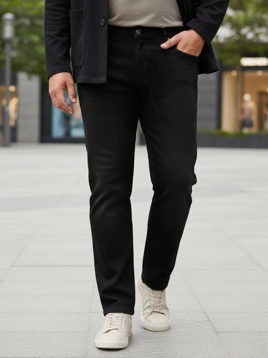 Plus Men's Black Cotton Regular Fit Casual Chinos Trousers