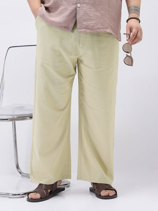 Plus Men's Beige Loose Fit Solid Linen Blend Trousers Non-Stretchable