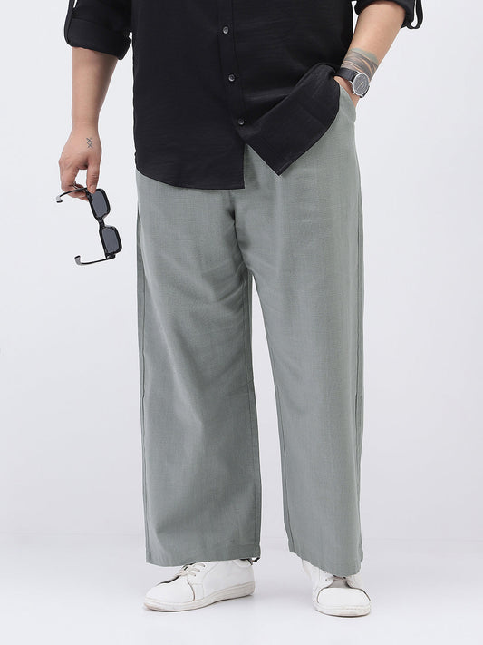 Plus Men's Grey Loose Fit Solid Linen Blend Trousers Non-Stretchable