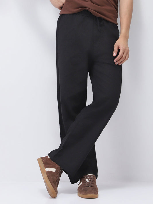 Men's Black Loose Fit Solid Linen Blend Trousers Non-Stretchable
