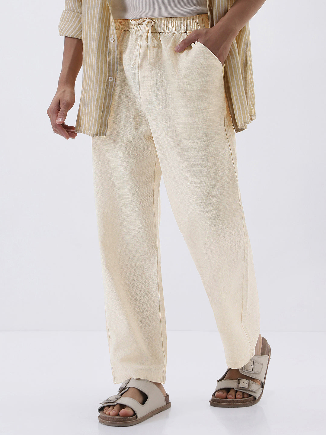 Men's Cream Loose Fit Solid Linen Blend Trousers Non-Stretchable