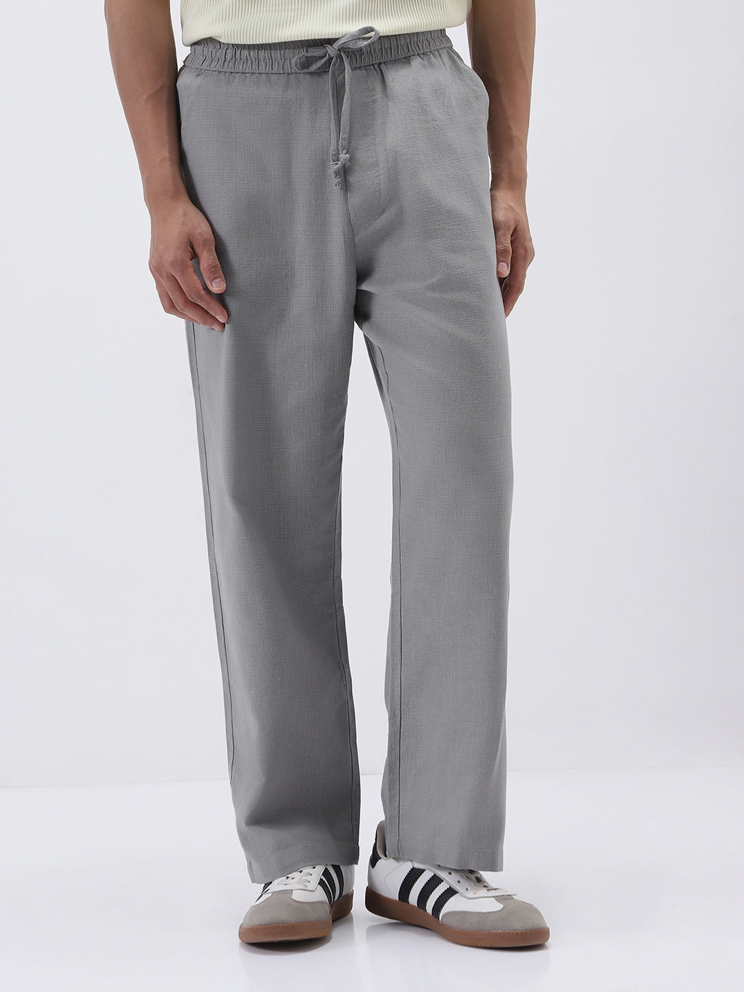 Men's Grey Loose Fit Solid Linen Blend Trousers Non-Stretchable