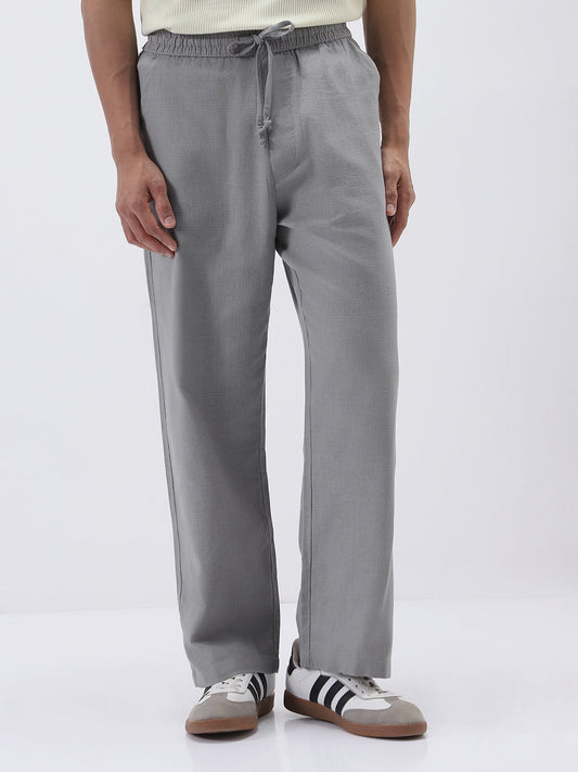 Men's Grey Loose Fit Solid Linen Blend Trousers Non-Stretchable