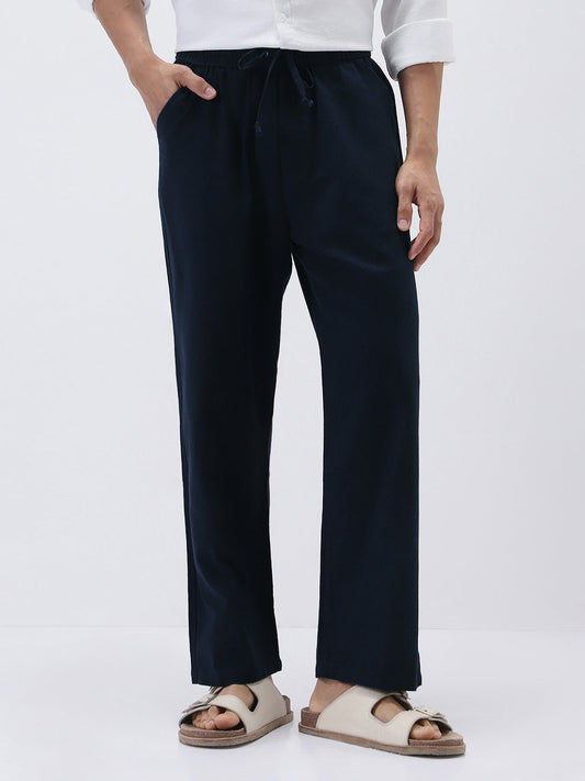 Men's Navy Loose Fit Solid Linen Blend Trousers Non-Stretchable