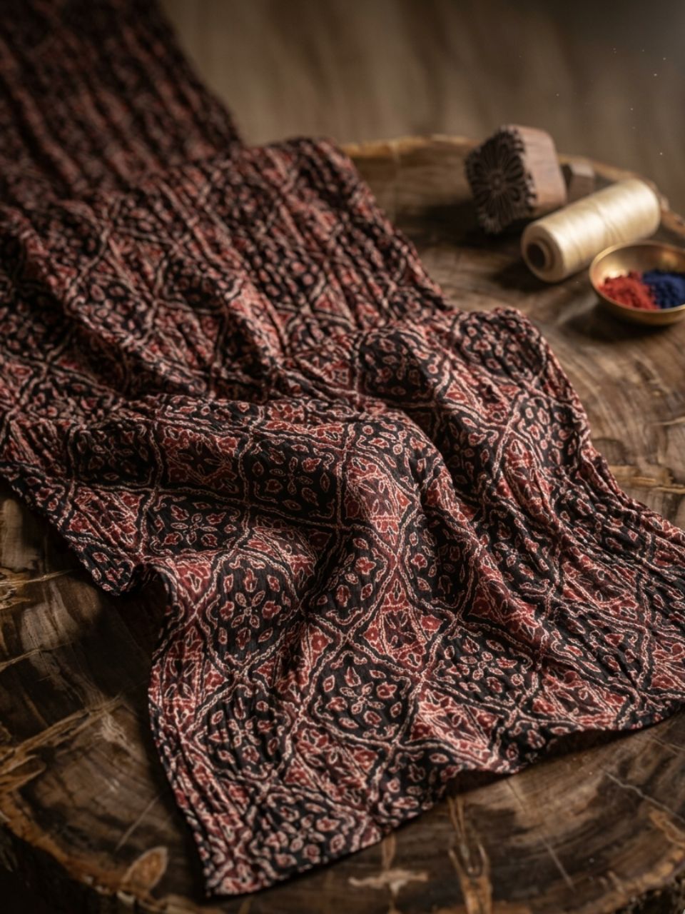 Black & Maroon Pure Cotton Dupatta in Artisanal Geometric Motif Print