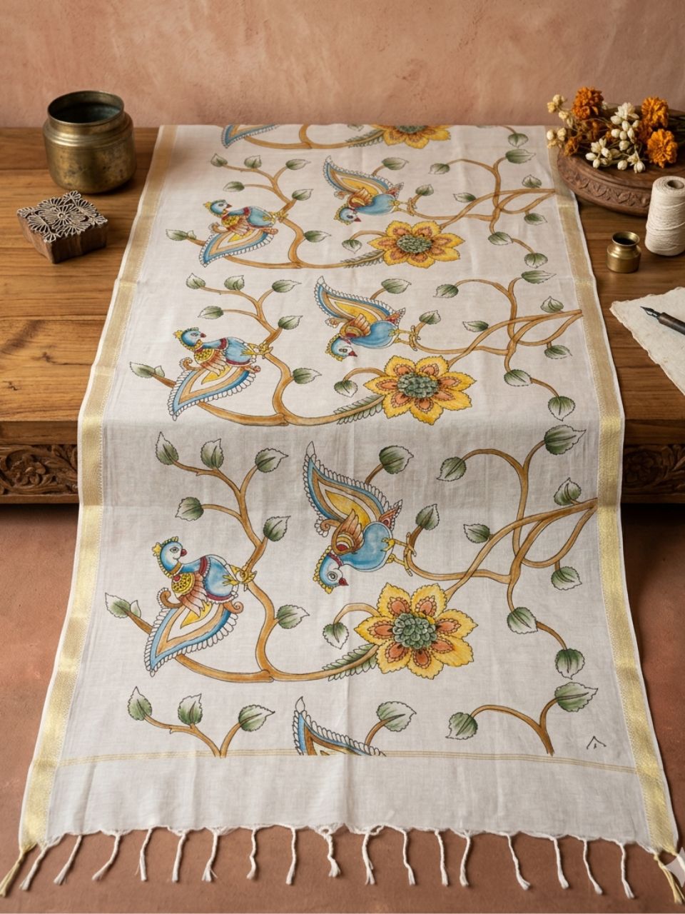 Kalamkari Brush Painted Off White & Multi Magalgiri Cotton Dupatta