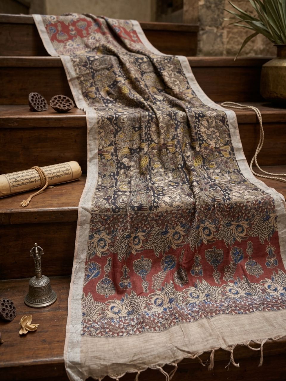 Kalamkari Printed Black & Multi Linen Cotton Dupatta