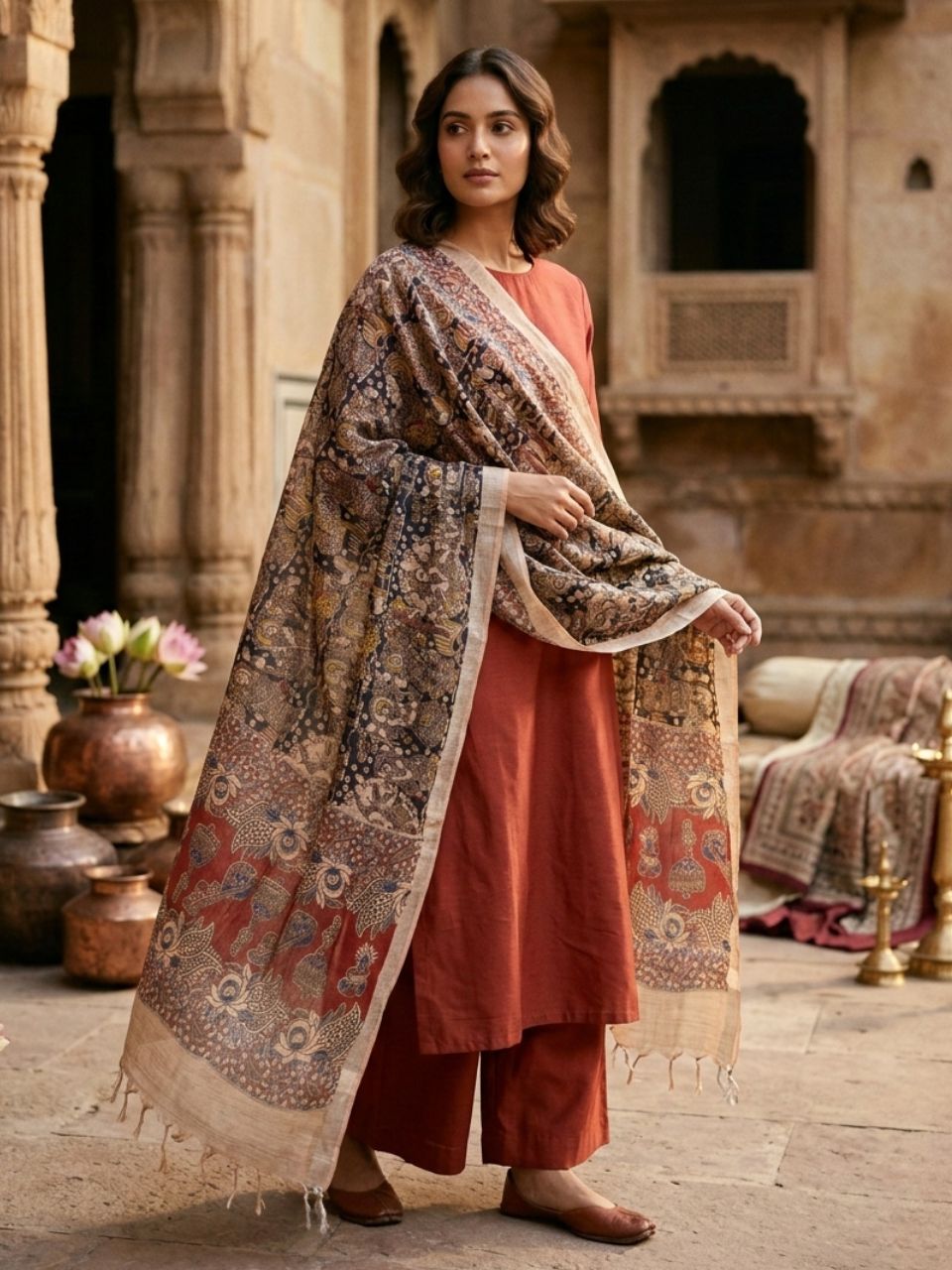 Kalamkari Printed Black & Multi Linen Cotton Dupatta