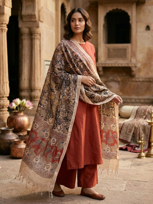 Kalamkari Printed Black & Multi Linen Cotton Dupatta